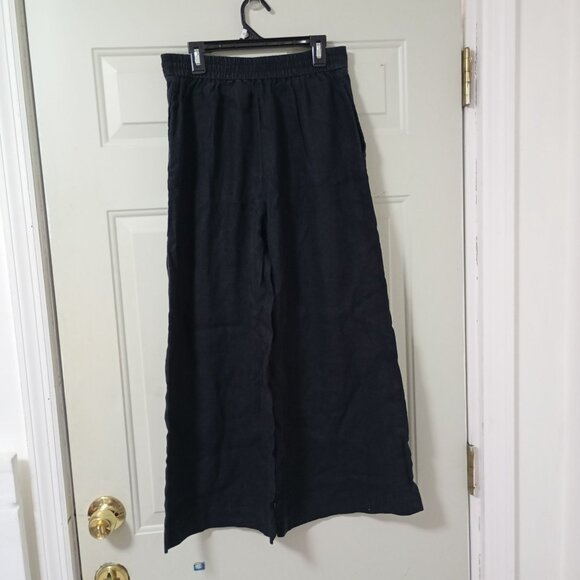 MNG 100% Linen Wide-Leg Pants M Womens Elastic Waist Relaxed Fit Black - Picture 6 of 10
